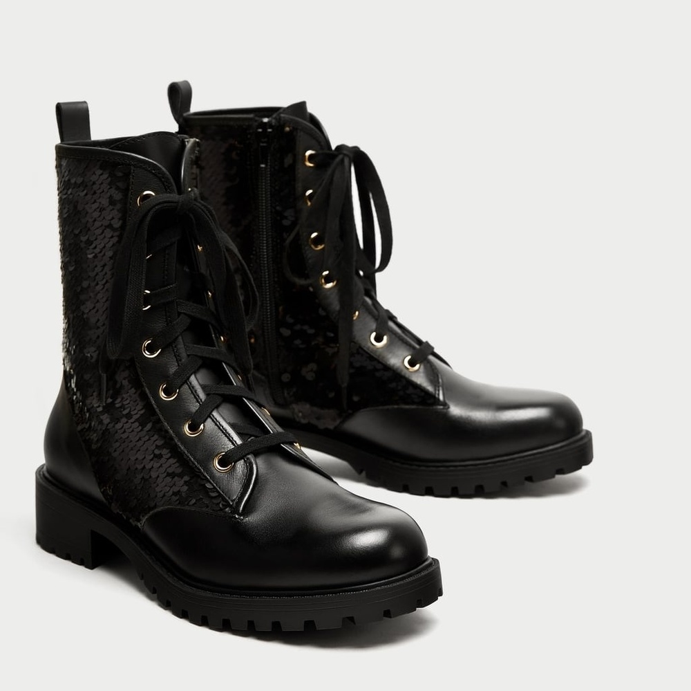 Zara Gold Black Sequined Leather Combat Boots 35 - Picture 2 of 4